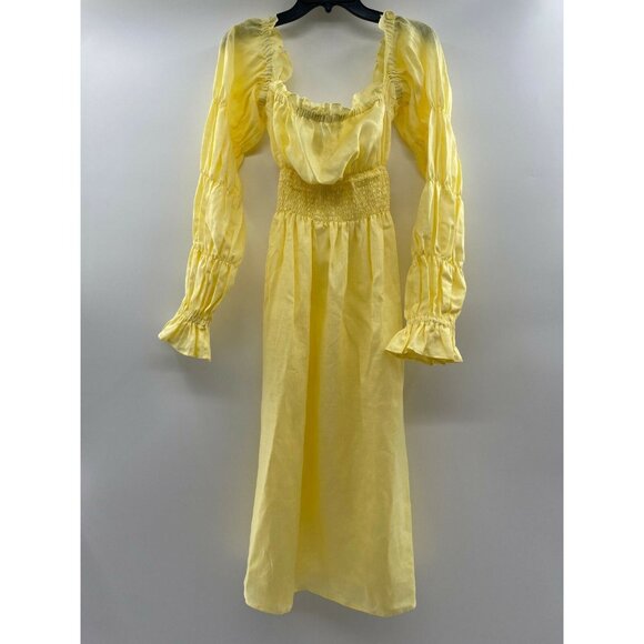 Sleeper Dresses & Skirts - Sleeper Women’s Michelin Linen Midi Dress Lemon Yellow Smocked Puff Sleeve sz L